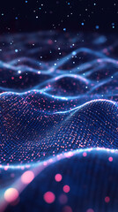 Fototapete - Digital network visualization displaying data flow, glowing particles forming interconnected waves against futuristic abstract background
