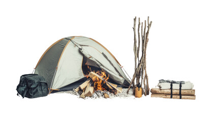 camping setup featuring a tent, firewood, and a campfire ready for a cozy outdoor experience in natu