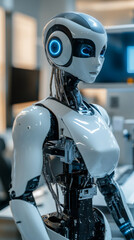 Aufkleber - Humanoid robot with luminescent blue eyes standing amid advanced laboratory equipment, representing cutting-edge artificial intelligence technology