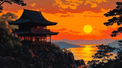 Wall Mural - Stunning Sunset View Japanese Temple Landscape Art