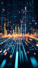 Poster - Futuristic cityscape with glowing buildings and electronic circuits, representing the concept of smart city and internet of things