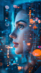 Leinwandbilder - Profile of a software engineer analyzing holographic data in augmented reality, concept of future technology and innovation