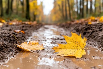 Muddy trails and scenic adventures. Autumn leaves on a muddy path in a forest setting.