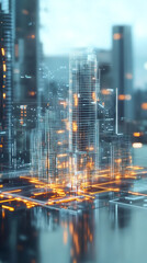 Poster - Holographic projection of a futuristic smart city illuminating urban infrastructure and transforming digital information