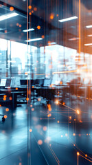 Poster - Digital lines and light particles floating over an empty modern office with computers and big windows showing a city skyline