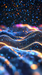 Poster - Abstract background forming glowing blue and orange waves with particles floating above, perfect for websites, presentations or social media