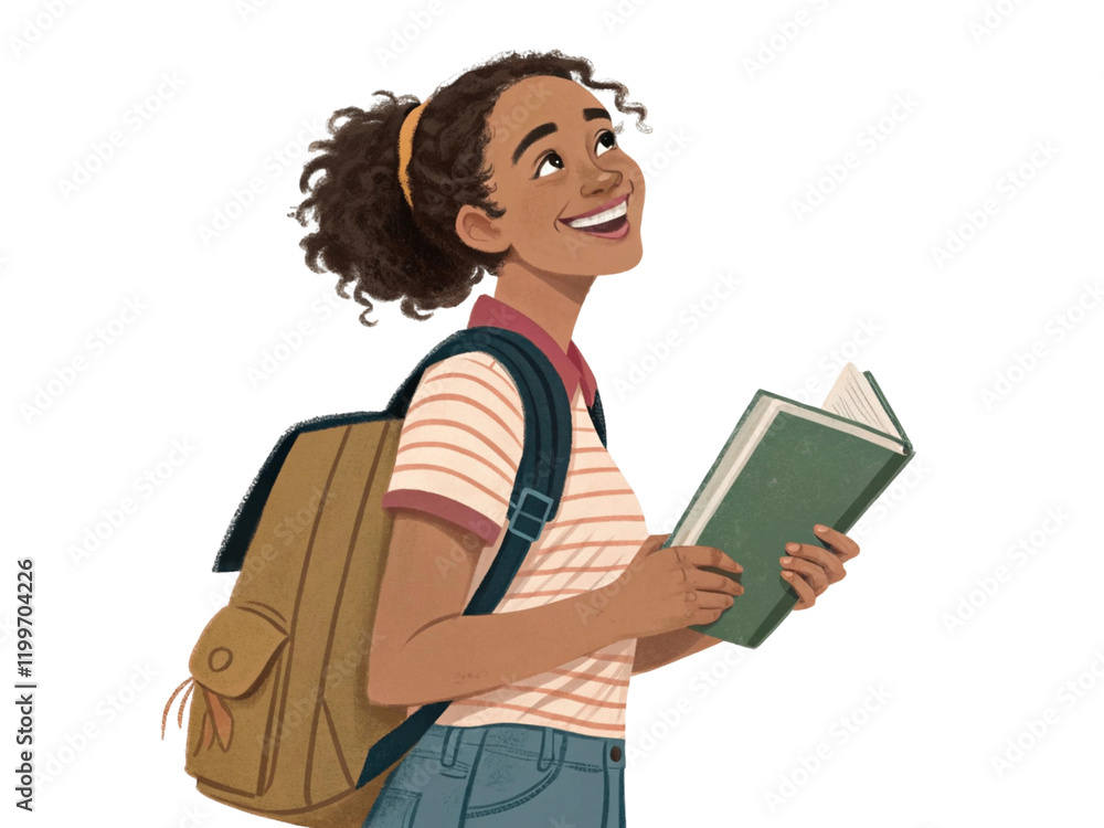 Young beautiful college student with backpack and holding a book ...