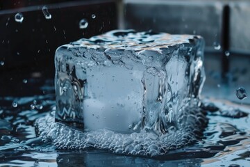 Poster - Single melting ice cube with water droplets and bubbles. Close-up macro shot of frozen cube on wet surface.