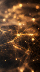 Fototapete - Abstract golden network connecting bright spots is floating over a dark background with bokeh effect