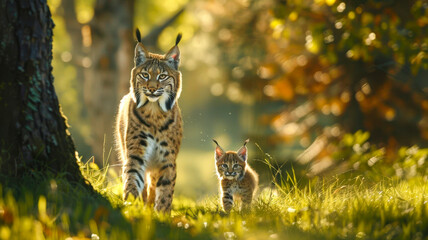 Wall Mural - Bobcat with her cub