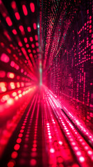 Fototapete - Digital matrix showcasing binary code generating luminous red light trails pulsing through futuristic cybernetic network landscape