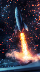 Aufkleber - Miniature rocket launching from a laptop keyboard into a starry sky with fire and smoke, startup concept
