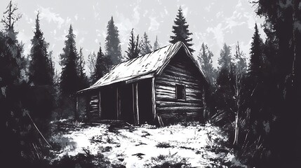 Wall Mural - Lonely Cabin in a Dark Forest Landscape Painting