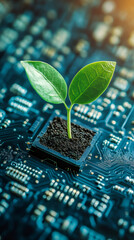 Aufkleber - Small green plant growing from a microchip on a motherboard, representing green technology and sustainable computing