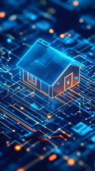Fototapete - Glowing house model standing on a circuit board, symbolizing smart home technology, automation, and the internet of things