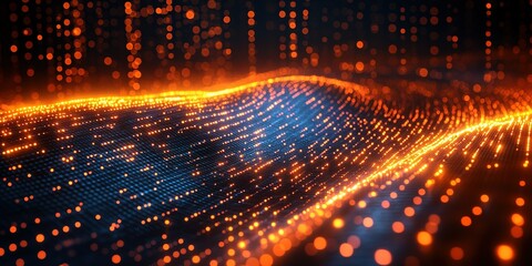 Wall Mural - vibrant digital landscape featuring glowing particles and flowing waves in a dark environment