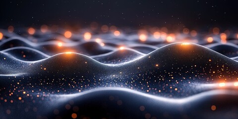 Wall Mural - mesmerizing abstract landscape of glowing waves with sparkling particles at night