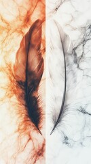 Wall Mural - Two feathers, one dark and one light, rest on a marble background, creating a striking contrast.