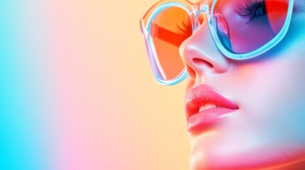 Canvas Print - Close-up of a woman's face,  wearing vibrant sunglasses.  A colorful and stylish portrait.