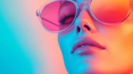 Wall Mural - Close-up of a woman's face wearing pink sunglasses, bathed in vibrant blue and orange light.  A striking portrait.