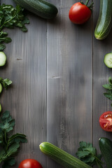  Frame of fresh vegetables on wooden background with copy space in the center, top view