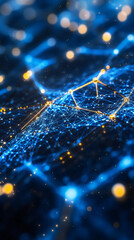 Fototapete - Golden lines connecting nodes in a futuristic plexus, creating a complex network on a dark blue background