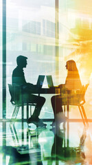Aufkleber - Silhouette of business people working with laptops in modern office with double exposure effect