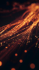 Fototapete - Fiber optic cables transmitting digital data creating an abstract network communication technology background with glowing orange bokeh effect