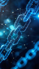 Fototapete - Glowing blue digital links forming a futuristic chain, representing blockchain technology and secure data connection in cyberspace