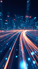 Fototapete - Light trails and blurred city lights creating a futuristic cityscape representing fast data transmission in a smart city