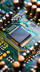 Aufkleber - Close-up of a modern electronic circuit board featuring a prominent microchip, surrounded by various components, highlighting advancements in technology