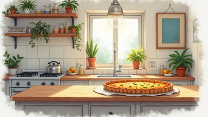 Wall Mural - The image is a digital illustration of a kitchen with a large window in the background. The kitchen has a wooden countertop with a freshly baked pie on it.