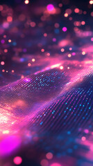 Fototapete - Abstract pink and blue glowing particles forming a wavy surface with bokeh lights in the background