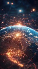 Poster - Planet Earth rotating in space showing internet and blockchain network connections with glowing dots and lines