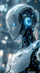 Aufkleber - Close-up of a futuristic female android robot showing artificial intelligence with glowing blue eyes and intricate mechanical details