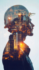 Poster - Double exposure featuring an engineer in a helmet, showcasing a vibrant futuristic cityscape within, blending imagination and innovation