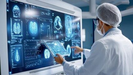 A doctor using AI software to analyze medical scans, with glowing digital data and advanced diagnostic tools surrounding the image, symbolizing future