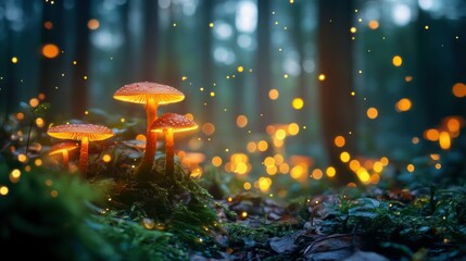 Lush enchanted forest with glowing mushrooms and ethereal light streams, a hidden magical realm full of secrets and wonder