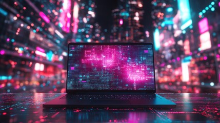 Laptop displaying digital code against vibrant city backdrop.