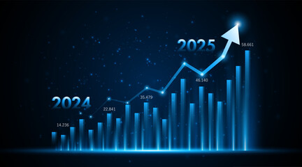 Fototapete - Arrow pointing upwards for future company growth in 2024 to 2025. Stock market graph with rising candles. Ideas for growing a profitable business or investment	