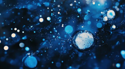 Wall Mural - blue bubbles in liquid under glowing light, isolated vibrant background, intricate textures, symbolic composition of clarity and science, dynamic perspective, minimalist theme