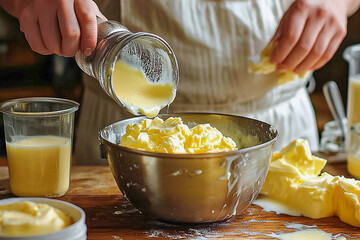 The process of making butter by a chef in the kitchen.