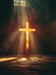 Wall Mural - Cross in a dark room