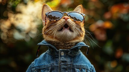 Sticker - Stylish cat wearing sunglasses and denim jacket showcases unique personality in a vibrant outdoor setting