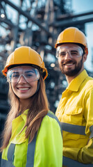 Aufkleber - Two smiling industrial engineers wearing hardhat and goggles posing in front of a large industrial plant