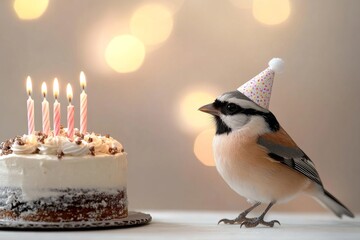 Wall Mural - Birthday celebration with a festive bird and a delicious cake illuminated by soft lights