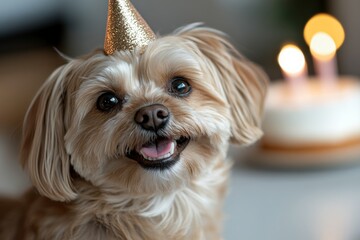 Wall Mural - Happy dog celebrating a birthday with a party hat, cake, and candles in a cozy indoor setting