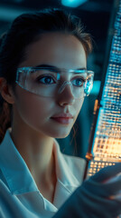 Fototapete - Female scientist examining glowing DNA sequencing gel in modern laboratory, conducting genetic research