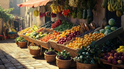 outdoor market with fresh produce, vibrant and healthy, perfect for illustrating the abundance of local agriculture