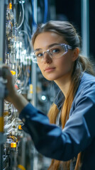 Aufkleber - Female industrial engineer wearing safety glasses working on electronic components of an industrial machine in a factory